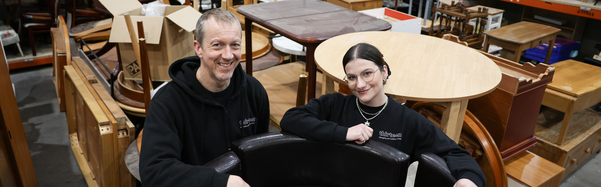 Rhys Baker (left) and Katie Forde (right) in the upcycling workshop at Thirteen's recycling centre in Billingham
