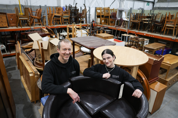 Rhys Baker (left) and Katie Forde (right) in the upcycling workshop at Thirteen's recycling centre in Billingham