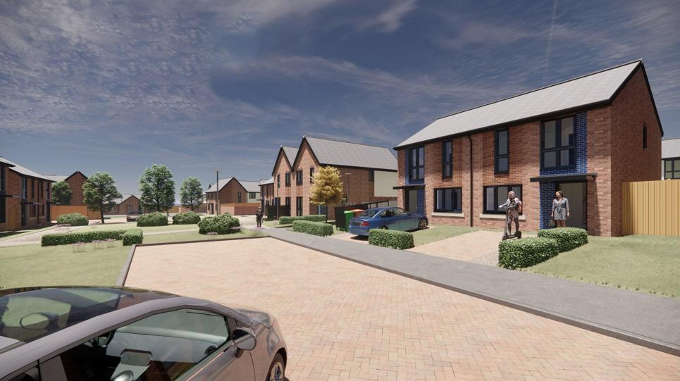 An artist's impression of our Amberley and Harrogate housing development in Sunderland showing semi red brick detached homes with greenery and trees