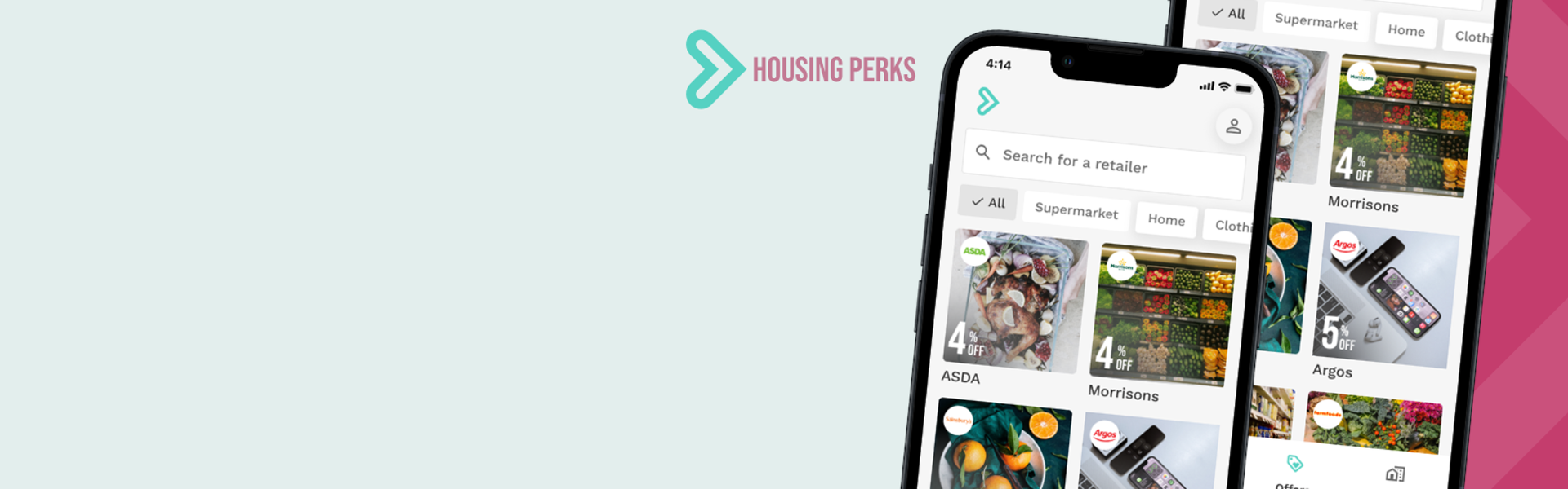 Promotional graphic for the Housing Perks app, containing the Housing Perks logo and a mobile phone showing the app in use