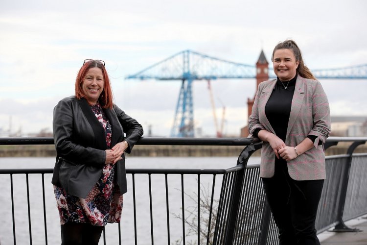 Karen Kenmare and Kate Bell with transporter bridge